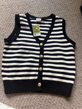 Cielo Black and White Striped Knit Button Vest